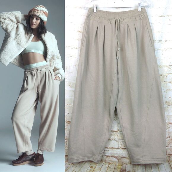 Daily Practice Anthropologie Barrel Sweat Pants Women M Tan Drawstring Pleats - Picture 1 of 14